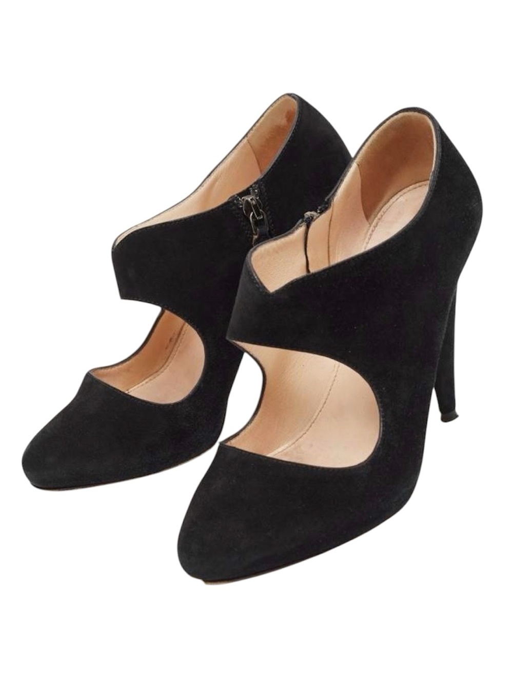 $995~PRADA~Black Suede Mary Jane Cut Out Cone Heel Pumps~7/7.5/37.5~Logo Dustbag